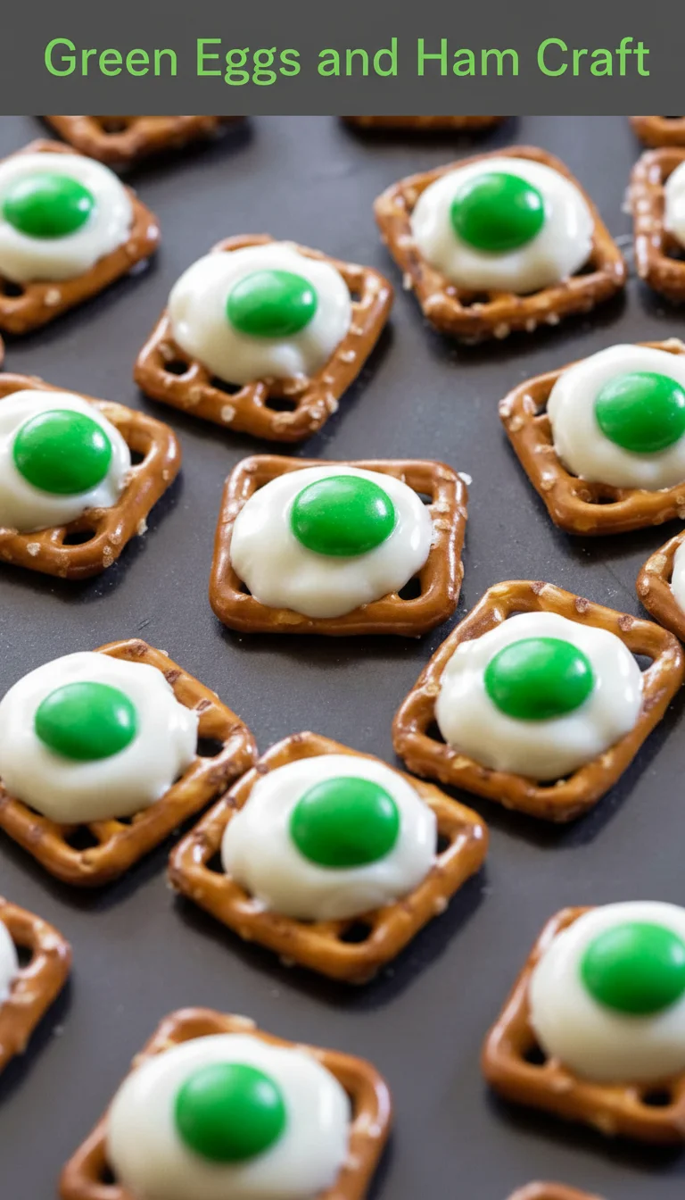 A vertical split layout containing two pictures with the main keyword 'Green Eggs and Ham Craft' in the center. The top shows realistic felt eggs and ham, while the bottom displays a festive Dr. Seuss celebration setup.