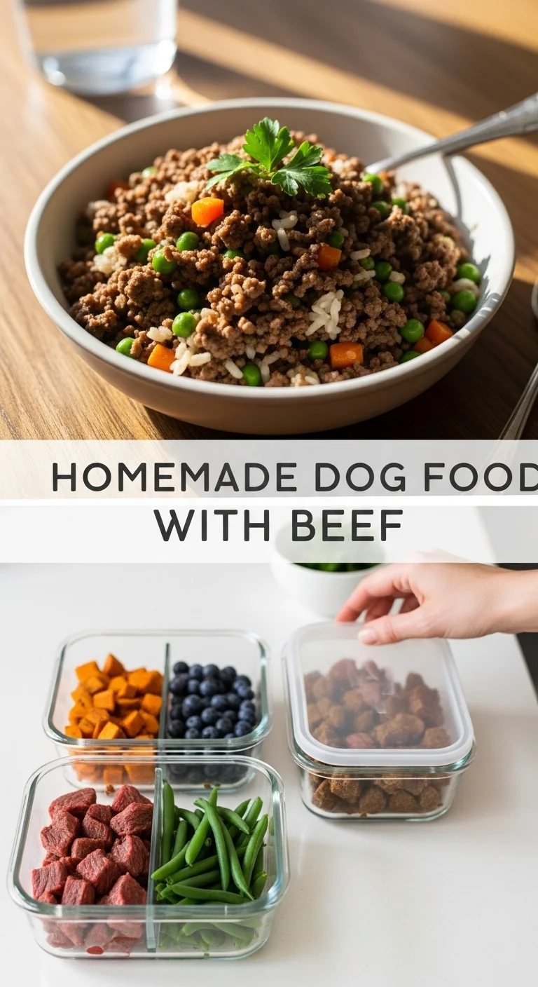 A vertical split layout with two appetizing pictures of fresh Homemade Dog Food with Beef made with real ground beef and carrots. The text 'Homemade Dog Food with Beef' is centered for your homemade dog meal prep inspiration.