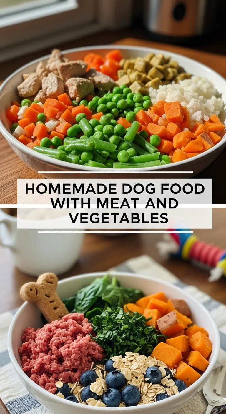 A vertical split layout featuring two delicious photos: hearty beef stew with green beans on top and tender chicken with vibrant carrots on the bottom. The text 'Homemade Dog Food with Meat and Vegetables' sits in the center, highlighting a nutritious meal for a homemade dog.