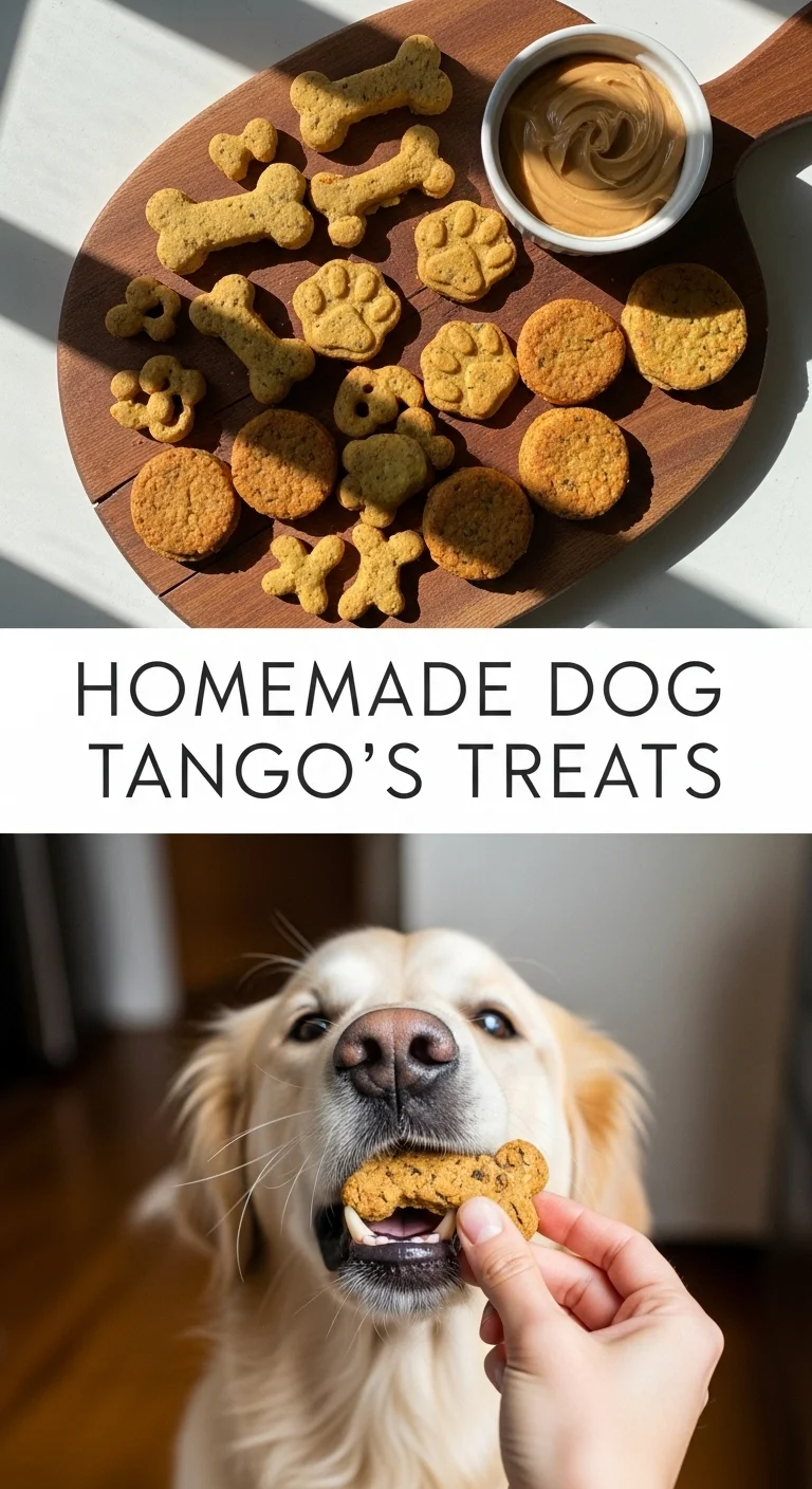 A vertical split layout containing two pictures with the main keyword 'Homemade Dog Tango's Treats' in the center. The top photo features golden-brown, bone-shaped biscuits fresh from the oven, while the bottom shows a happy homemade dog eagerly waiting for a snack.