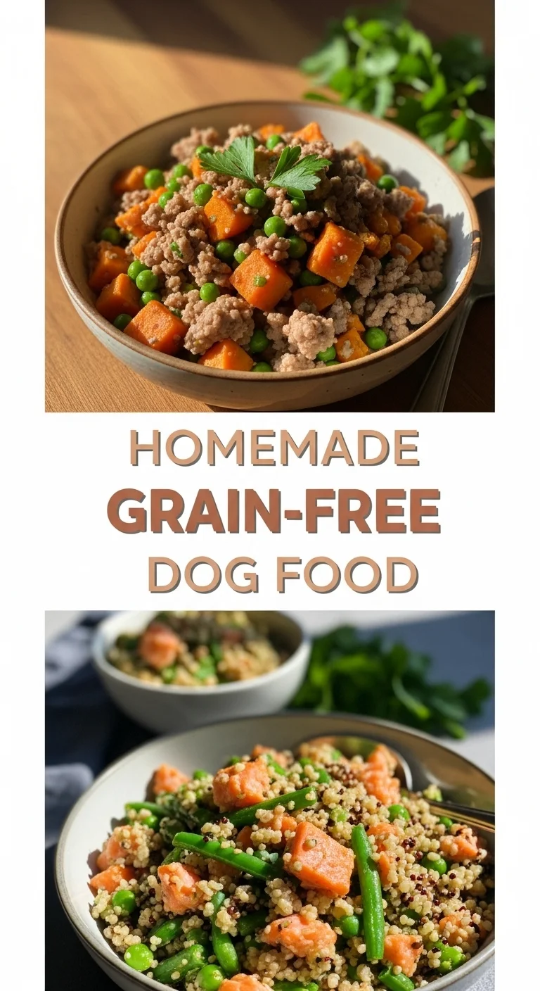 A vertical split layout containing two pictures showing fresh, appetizing Homemade Grain-Free Dog Food with meat and veggies, with the keyword 'Homemade Grain-Free Dog Food' centered for your homemade dog.