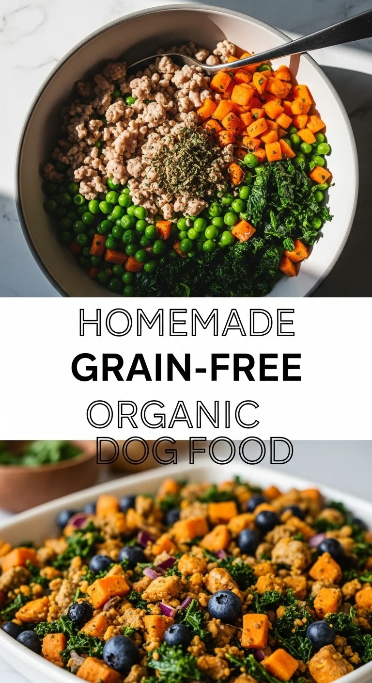 Vertical split layout featuring two appetizing photos: the top shows fresh, colorful organic vegetables and lean ground meat, while the bottom shows a happy dog enjoying a bowl of Homemade Grain-Free Organic Dog Food. The main keyword is centered between the images.