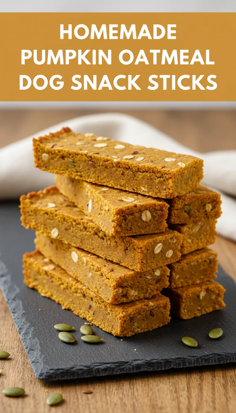 A vertical 9:16 layout featuring the text 'HOMEMADE PUMPKIN OATMEAL DOG SNACK STICKS' in a bold font at the top and a high-quality professional hero shot of plated dog treats at the bottom.