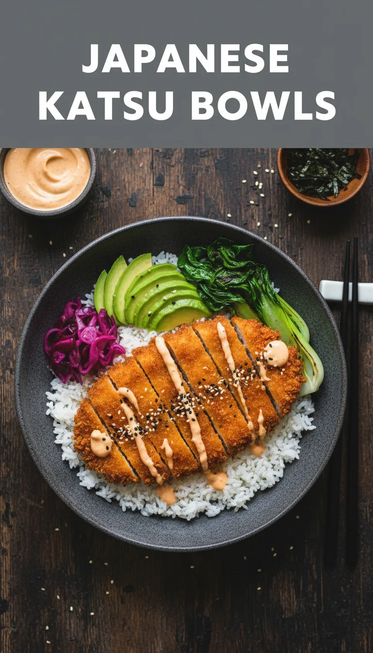 A vertical 9:16 Pinterest pin layout with the text 'JAPANESE KATSU BOWLS' in bold at the top. The bottom features a high-quality hero shot of golden, crispy Japanese Katsu Bowls.