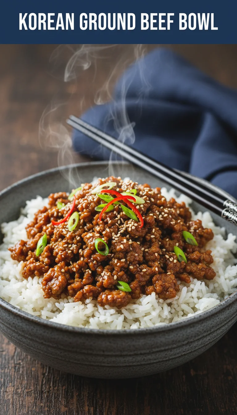 A vertical 9:16 layout with the text 'KOREAN GROUND BEEF BOWL' in a bold font at the top and a high-quality professional hero shot of a plated Korean Ground Beef Bowl at the bottom.