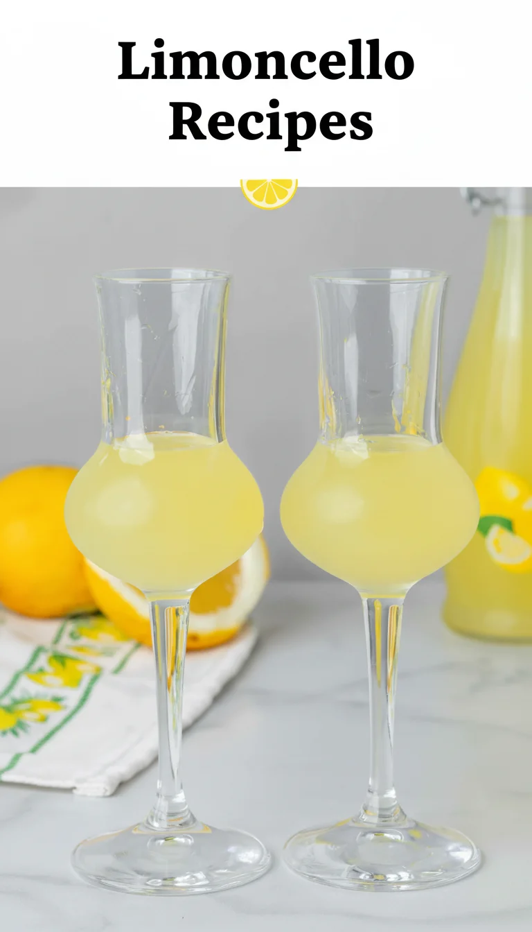 Vertical split layout containing two pictures with the main keyword 'Lemoncello Recipes' in the center. The top photo shows fresh, zesty lemons, while the bottom displays a chilled glass of golden liqueur.