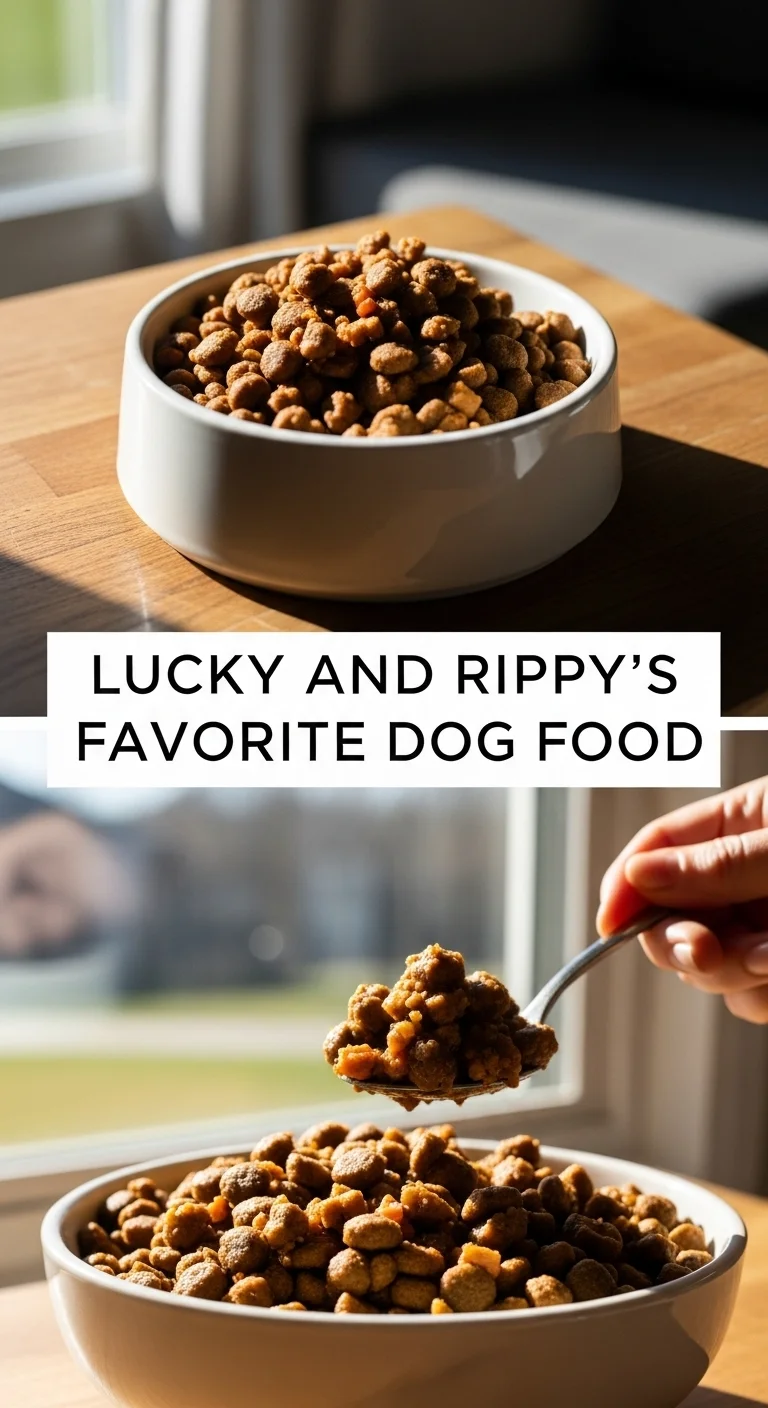 A vertical split layout containing two pictures with the main keyword 'Lucky and Rippy's Favorite Dog Food' in the center. The top photo shows a savory bowl of turkey and sweet potato, while the bottom displays a fresh beef and veggie mix for the ultimate homemade dog meal.
