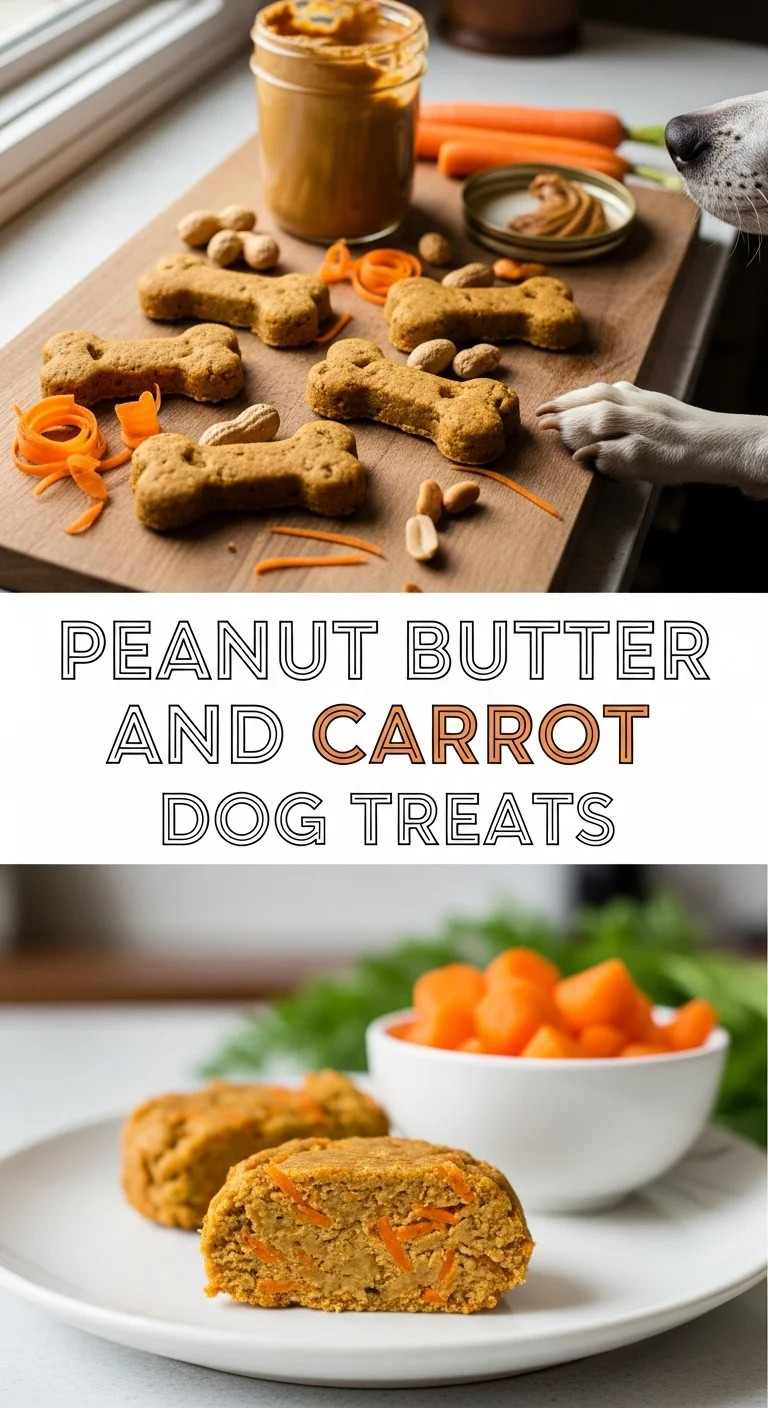 A vertical split layout containing two pictures with the main keyword 'Peanut Butter and Carrot Dog Treats' in the center. The image shows crunchy, golden-brown biscuits for a homemade dog.