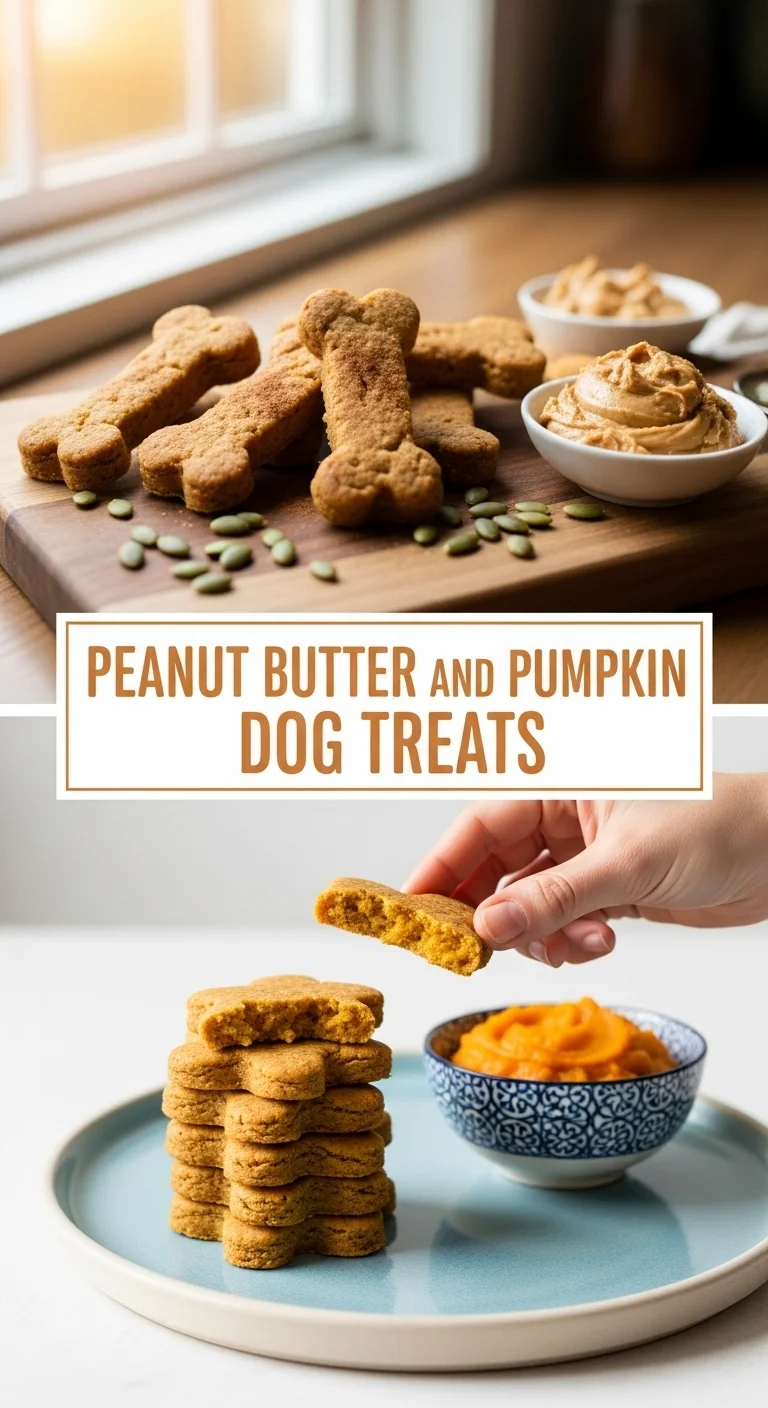 A vertical split layout containing two pictures with the main keyword 'Peanut Butter and Pumpkin Dog Treats' in the center, showing wholesome and rustic homemade dog biscuits.
