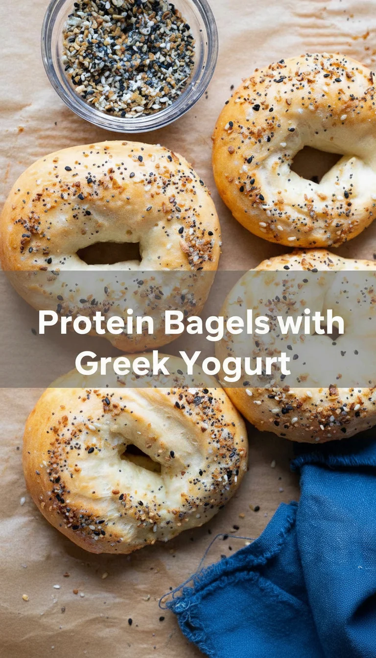 A vertical split layout containing two pictures with the main keyword 'Protein Bagels with Greek Yogurt' in the center. The top photo shows golden, freshly baked bagels cooling on a rack, while the bottom photo features a sliced bagel topped with creamy spread for a healthy breakfast.