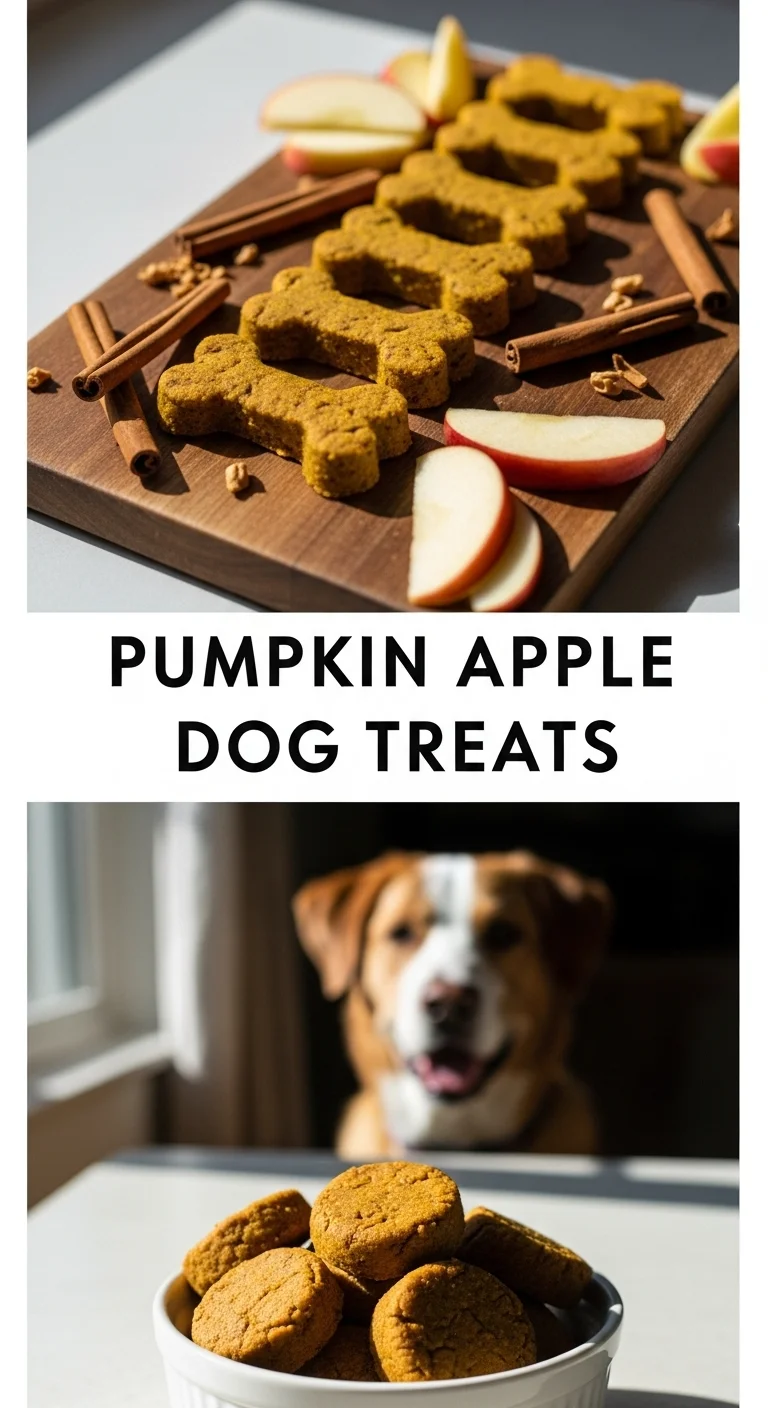 A vertical split layout containing two pictures with the main keyword 'Pumpkin Apple Dog Treats' in the center. The top shows golden-brown biscuits with fresh apple bits, perfect for a homemade dog snack.
