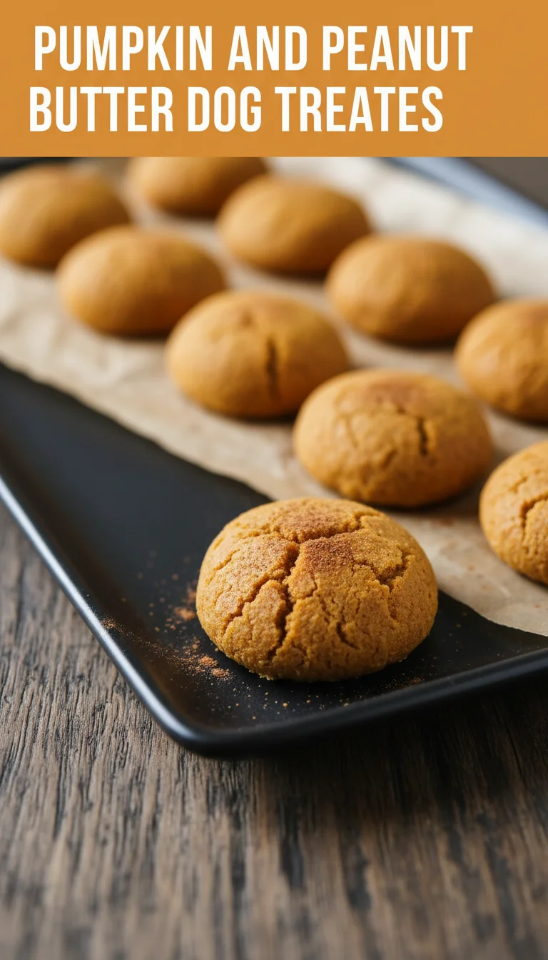 A vertical 9:16 layout. The top section contains the main keyword 'PUMPKIN AND PEANUT BUTTER DOG TREATS' in a bold, professional font. The bottom section is a high-quality, professional hero shot of the final plated Pumpkin and Peanut Butter Dog Treats.