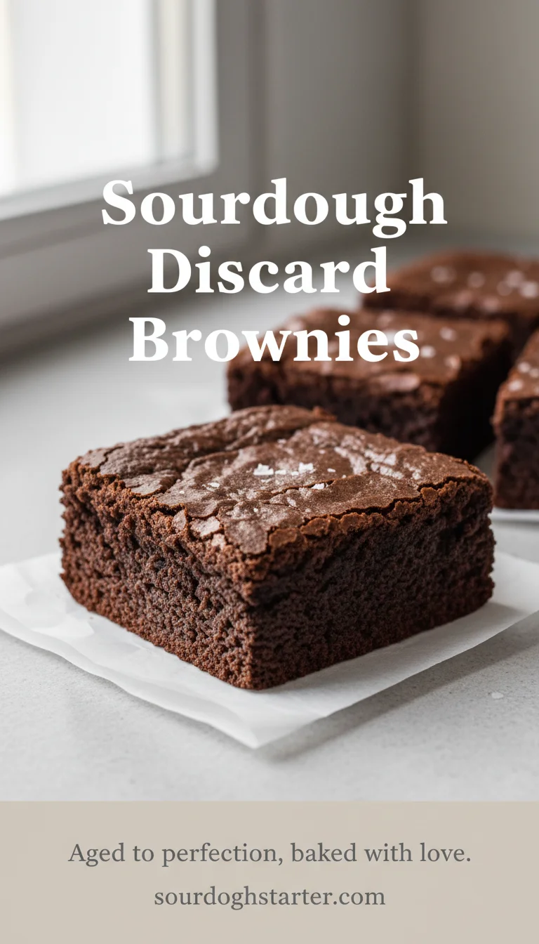 A vertical split layout containing two pictures with the main keyword 'Sourdough Discard Brownies' in the center. The top photo shows a pan of brownies with a shiny, crackly crust, while the bottom photo displays a close-up of a dense, gooey chocolate square being served for a cozy family treat.
