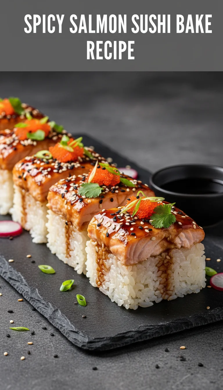 A vertical 9:16 layout. The top section contains the main keyword 'SPICY SALMON SUSHI BAKE RECIPE' in a bold, professional font. The bottom section is a high-quality, professional hero shot of the final plated Spicy Salmon Sushi Bake Recipe.