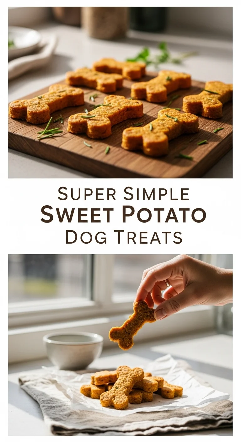 A vertical split layout containing two pictures with the main keyword 'Super Simple Sweet Potato Dog Treats' in the center. The images show sliced sweet potatoes and golden-brown baked snacks for a homemade dog.