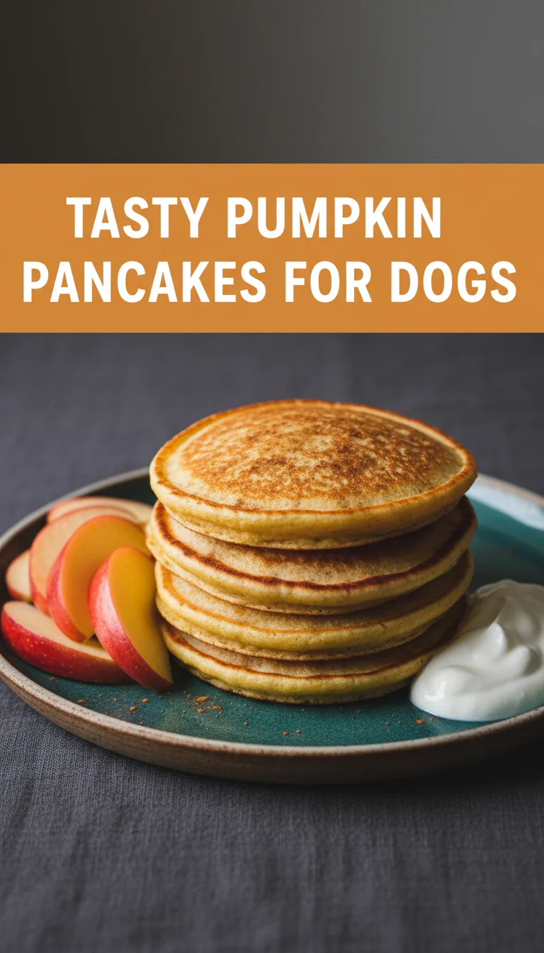A vertical 9:16 Pinterest pin. The top half displays 'TASTY PUMPKIN PANCAKES FOR DOGS' in bold typography. The bottom half is a professional hero shot of the final plated pumpkin pancakes.