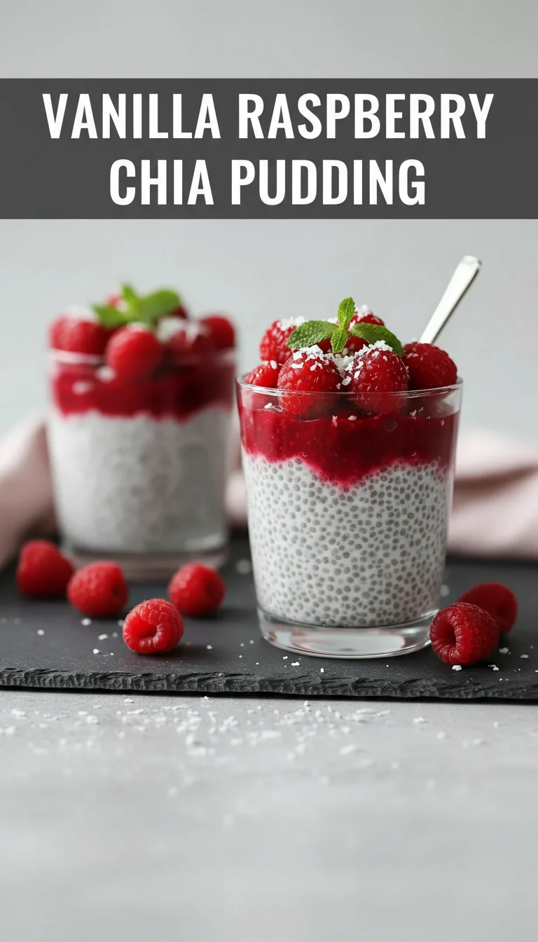 A vertical split layout containing two pictures with the main keyword Vanilla Raspberry Chia Pudding in the center. The images show creamy pudding topped with fresh, juicy raspberries, perfectly capturing the essence of healthy breakfast bowl recipes.