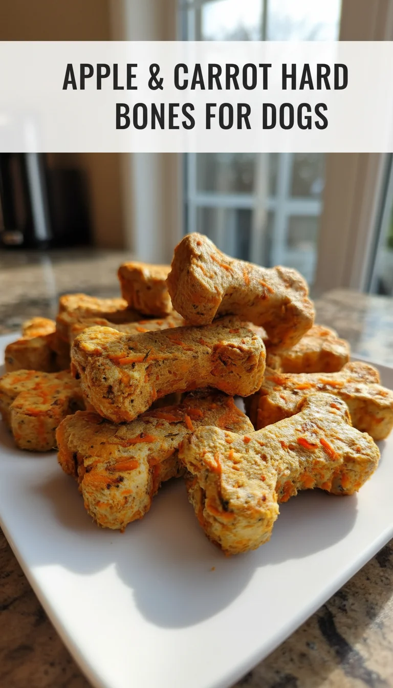 A vertical split layout containing two pictures with the main keyword 'Apple & Carrot Hard Bones for Dogs' in the center. The top shows golden-brown, oven-baked biscuits, and the bottom shows a happy pup.