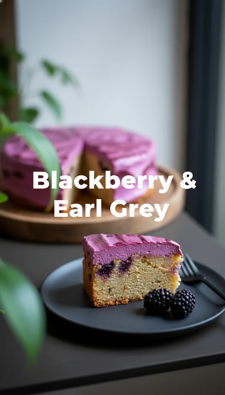 A vertical split layout containing two pictures with the main keyword 'Blackberry & Earl Grey' in the center. The top image shows a bubbling, deep purple blackberry jam, while the bottom image features a warm Earl Grey infused loaf cake topped with plump, juicy berries.
