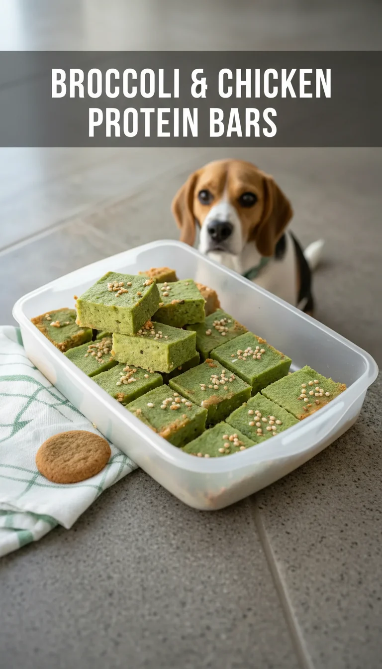 A vertical split layout containing two pictures of savory, golden-brown Broccoli & Chicken Protein Bars with the main keyword 'Broccoli & Chicken Protein Bars' displayed in the center.