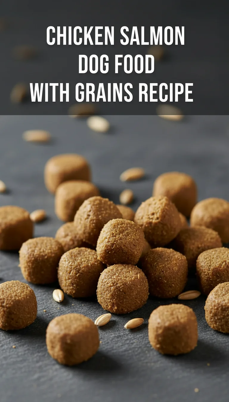 A vertical split layout containing two pictures with the main keyword 'Chicken Salmon Dog Food with Grains recipe' in the center. The top shows tender cooked chicken and salmon flakes, while the bottom displays a wholesome, appetizing bowl of the finished meal with grains for a pet's dinner.