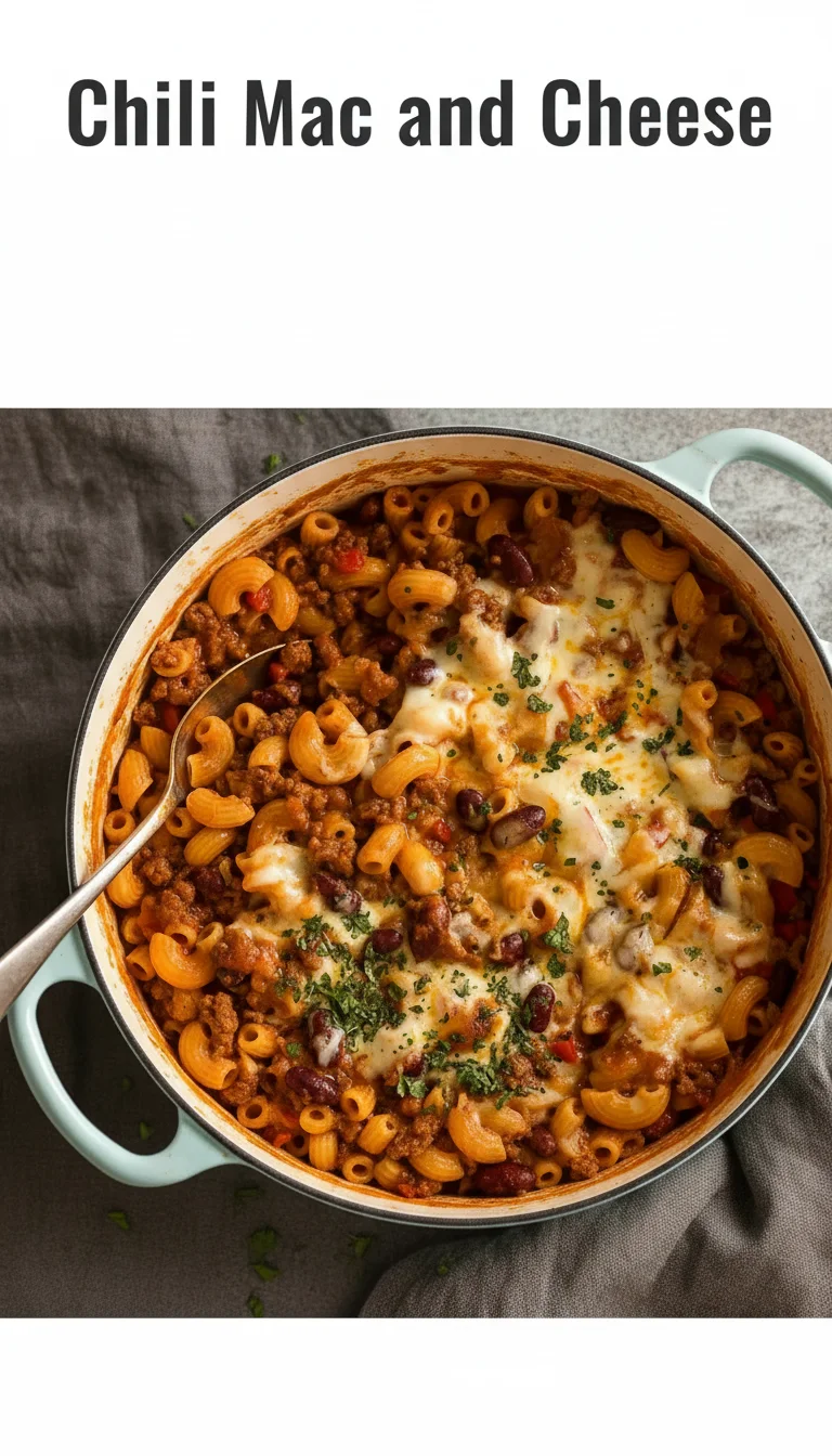 Vertical Pinterest pin with the text 'Chili Mac and Cheese' at the top and a professional photograph of Chili Mac and Cheese below it, showing a cheesy, bubbling comfort meal.