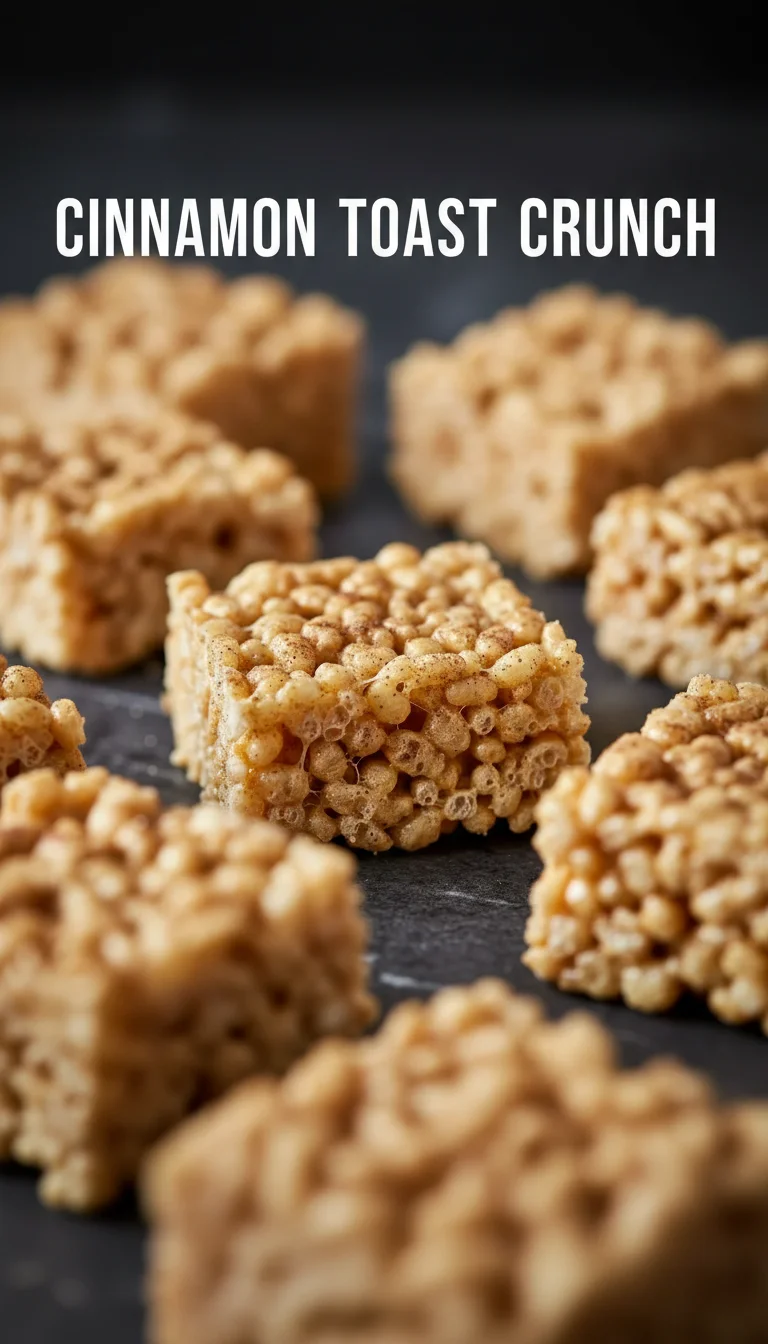 A vertical split layout containing two pictures with the main keyword 'Cinnamon Toast Crunch' in the center. The top photo shows a golden bowl of crunchy cereal with fresh milk, and the bottom shows a warm, homemade treat topped with cinnamon sugar squares.