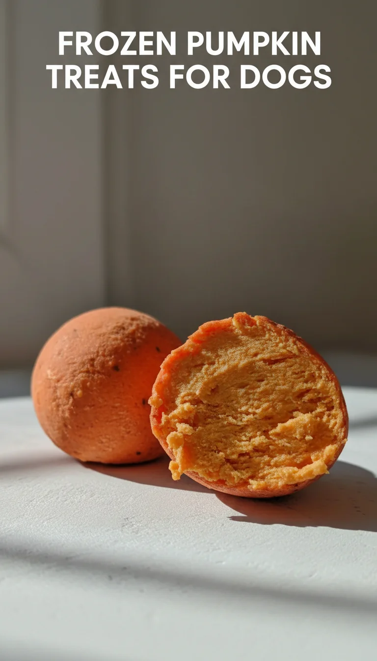 A vertical split layout featuring two appetizing pictures of Frozen Pumpkin Treats for Dogs: one side shows bright orange star-shaped snacks and the other creamy pumpkin swirls. The main keyword is in the center.