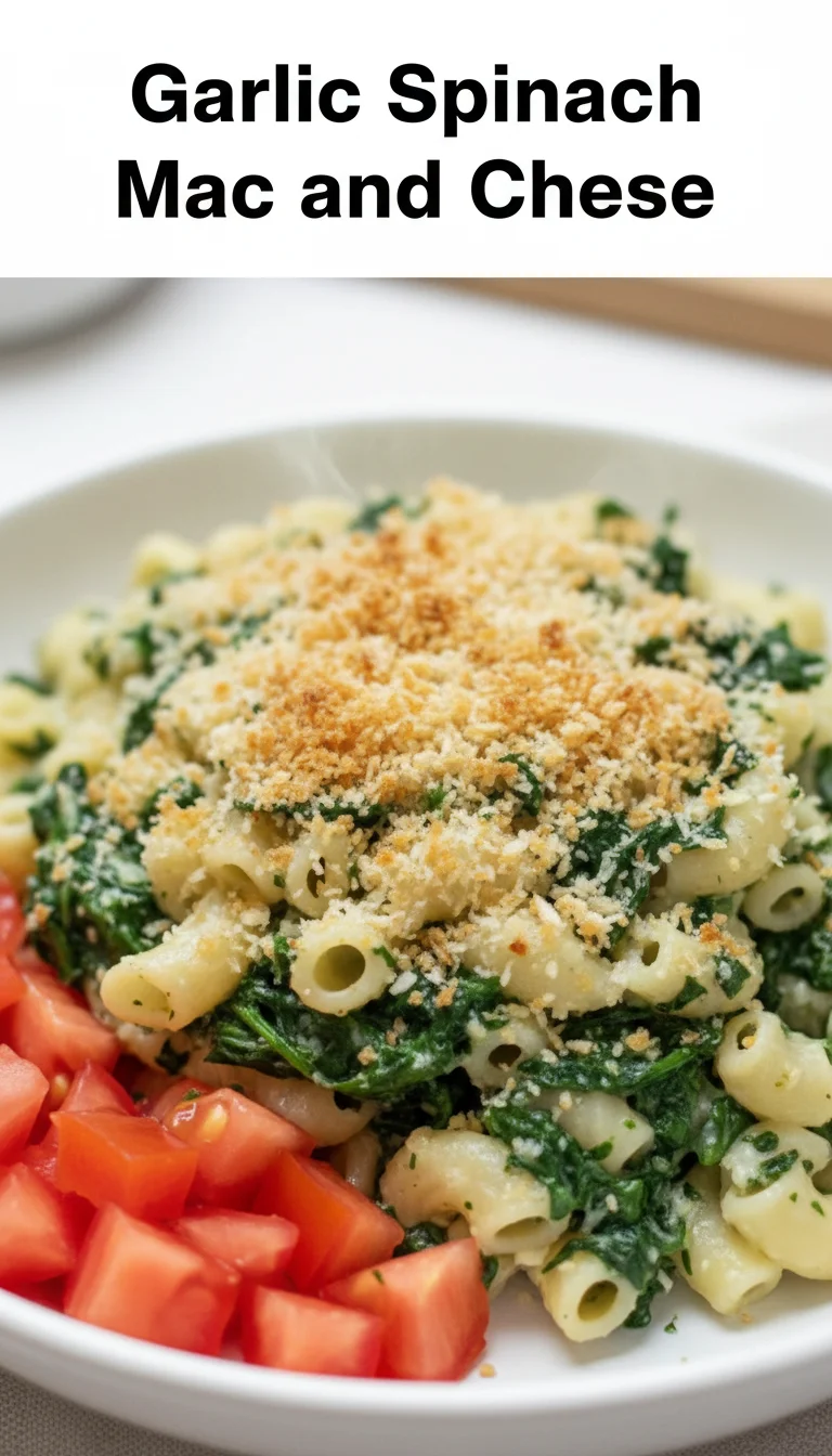 Vertical Pinterest pin with the text 'Garlic Spinach Mac and Cheese' at the top and a professional photograph of Garlic Spinach Mac and Cheese below it, ideal for a comforting weeknight meal.