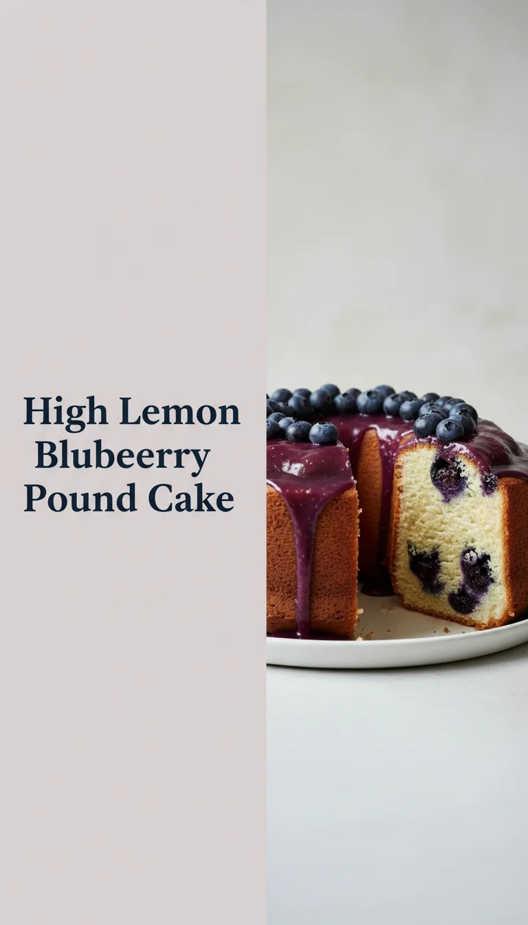 A vertical split layout containing two pictures with the main keyword 'High Lemon Blueberry Pound Cake' in the center. The top photo shows a thick, moist slice of golden cake bursting with blueberries, while the bottom displays the whole glazed loaf, perfect for a sunny afternoon tea.