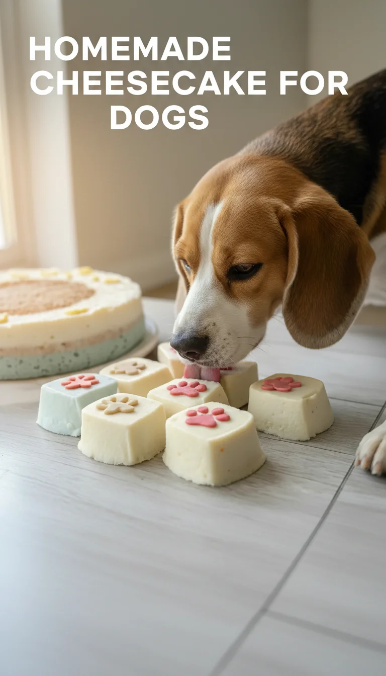A vertical split layout featuring two appetizing photos of a cream-colored Homemade Cheesecake For Dogs. The center contains the main keyword text. Ideal for a dog's birthday or special celebration.