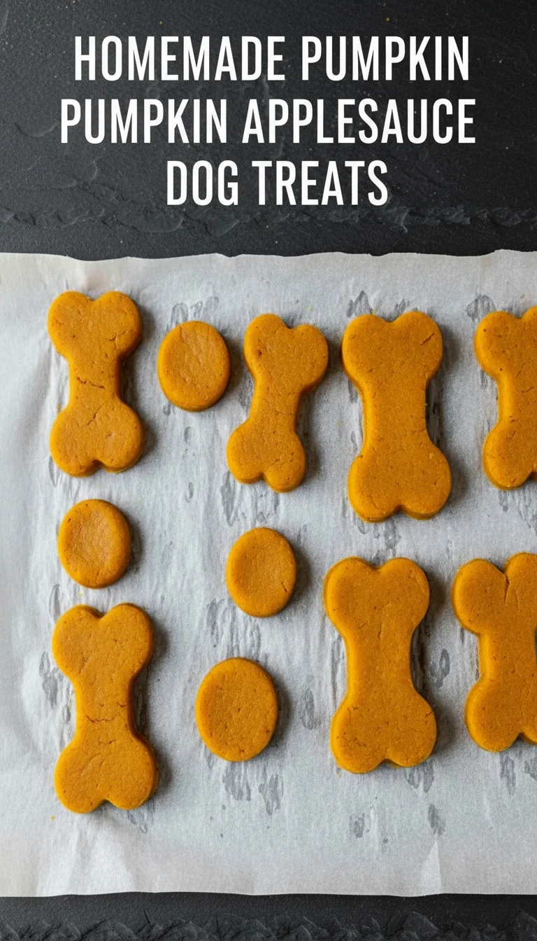 A vertical split layout containing two pictures with the main keyword 'Homemade Pumpkin Applesauce Dog Treats' in the center. The top image shows vibrant orange dough being rolled out, while the bottom image features freshly baked, golden-brown bone-shaped treats that look crispy and delicious for a healthy snack.