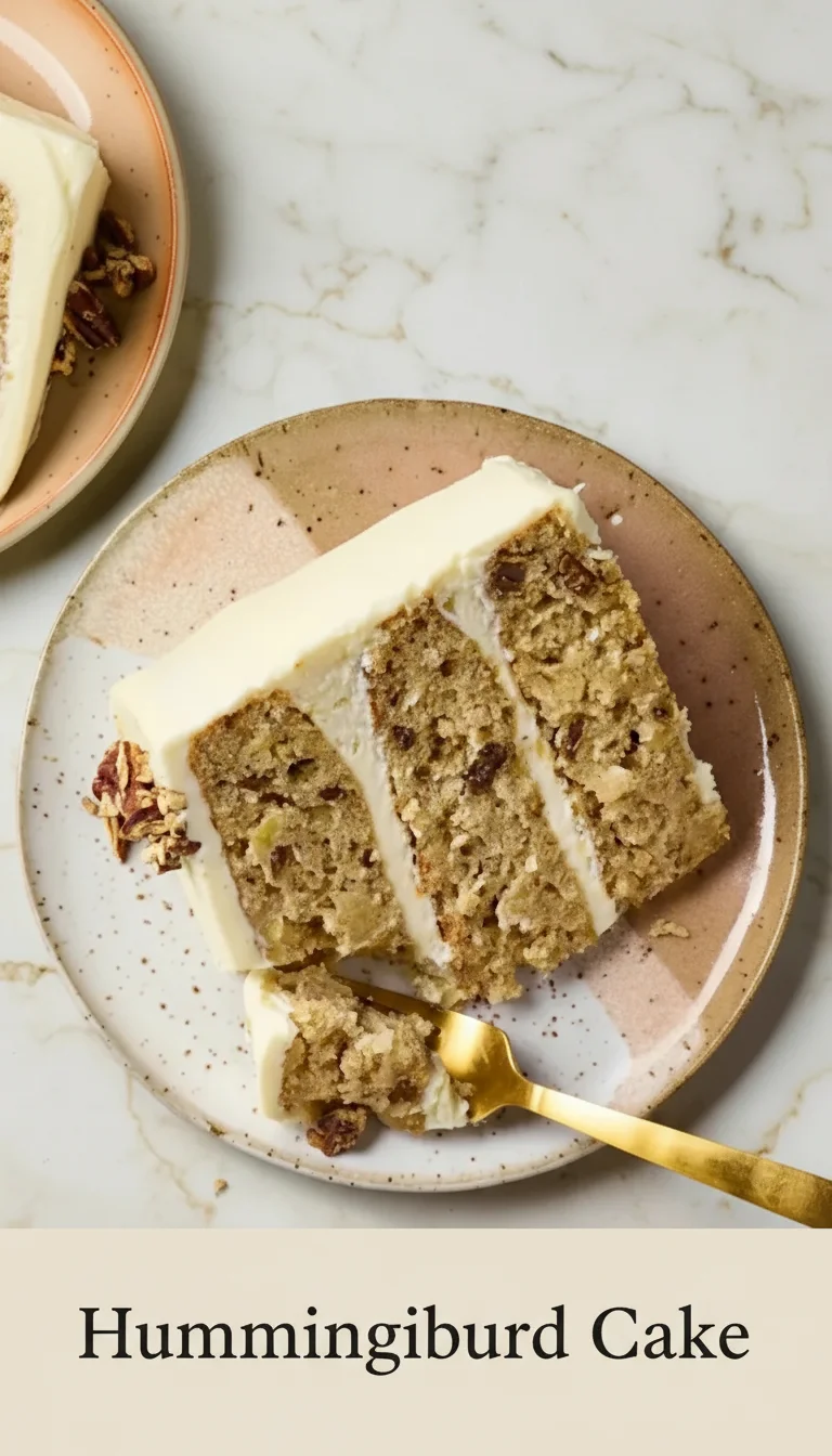 A vertical split layout containing two pictures with the main keyword 'Hummingbird Cake' in the center. Top image shows a slice of moist banana-pineapple cake, bottom image shows the whole cake.