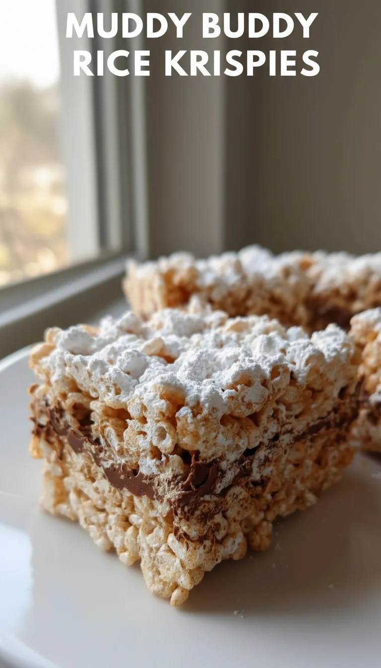 A vertical split layout showing two appetizing photos of chocolatey, powdered sugar-dusted Muddy Buddy Rice Krispies. The title Muddy Buddy Rice Krispies is centered between the images.