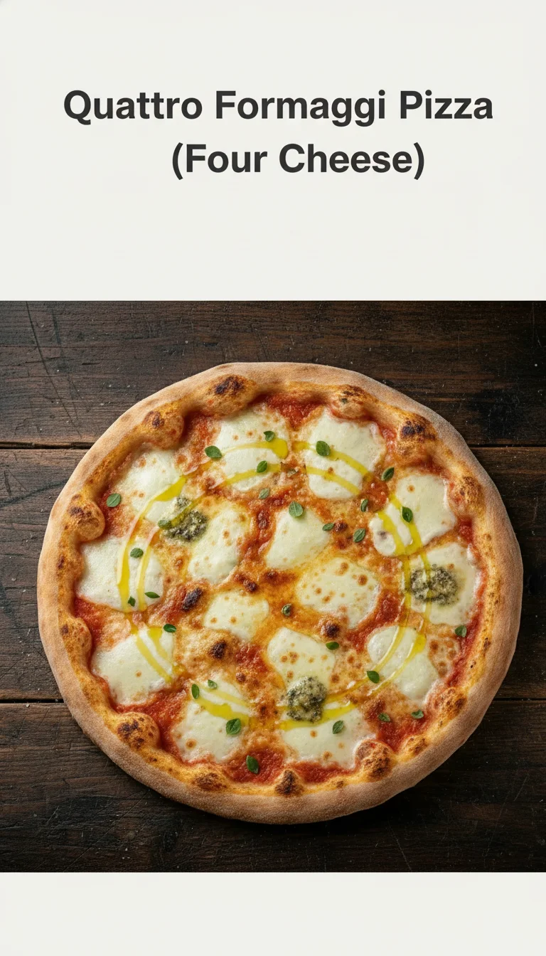 Vertical Pinterest pin with the text 'Quattro Formaggi Pizza (Four Cheese)' at the top and a professional photograph of Quattro Formaggi Pizza (Four Cheese) below it.