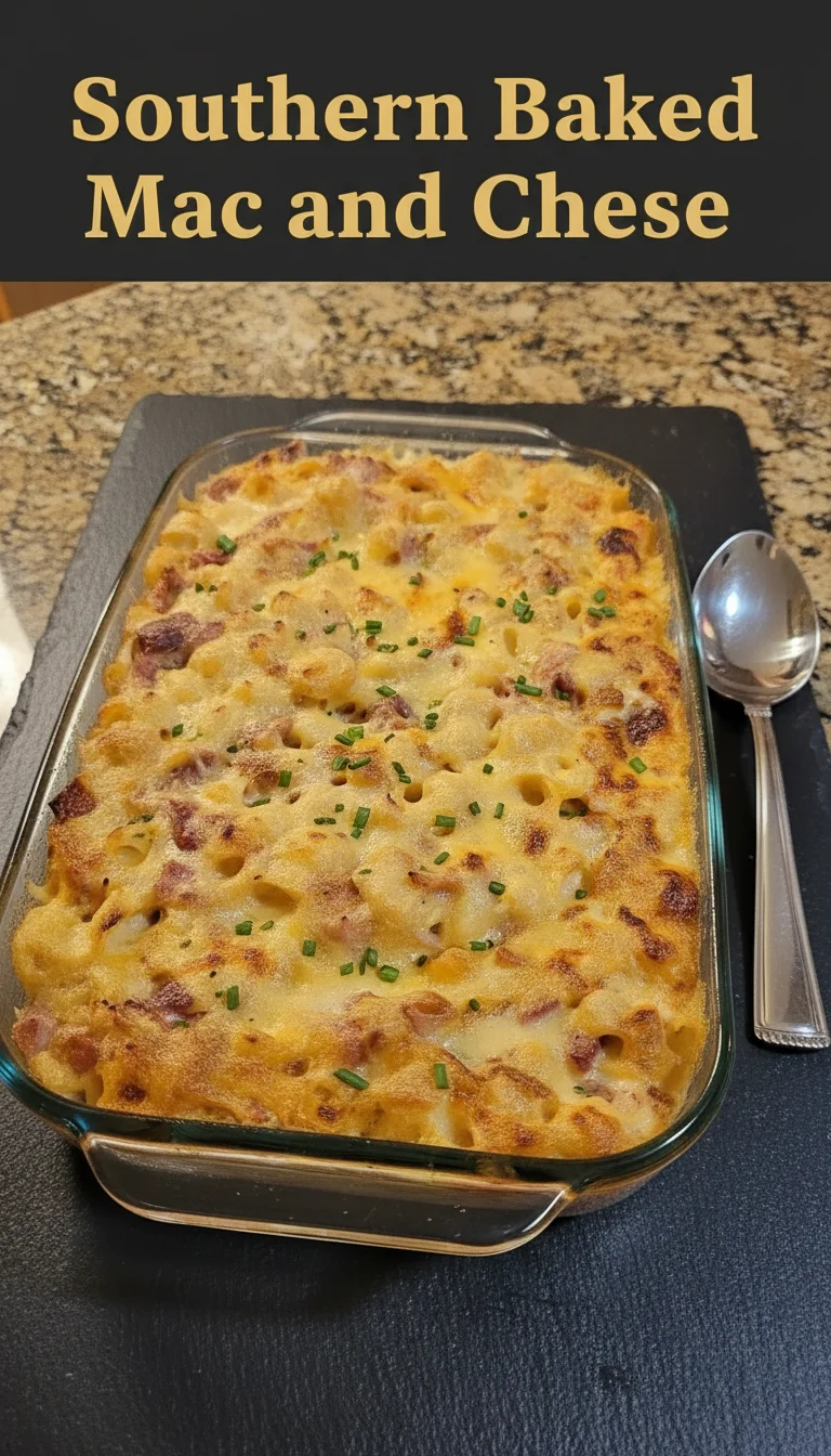 Vertical Pinterest pin with the text 'Southern Baked Mac and Cheese' at the top and a professional photograph of Southern Baked Mac and Cheese below it.