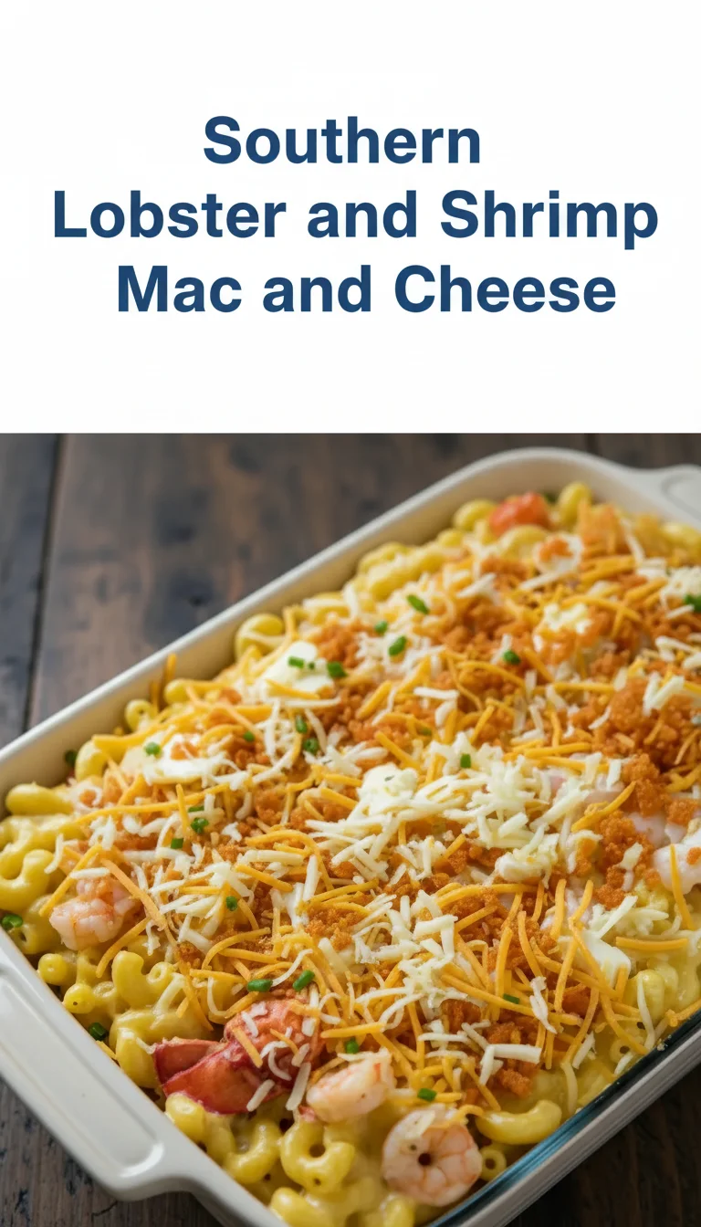 Vertical Pinterest pin with the text 'Southern Lobster and Shrimp Mac and Cheese' at the top and a professional photograph of Southern Lobster and Shrimp Mac and Cheese below it.