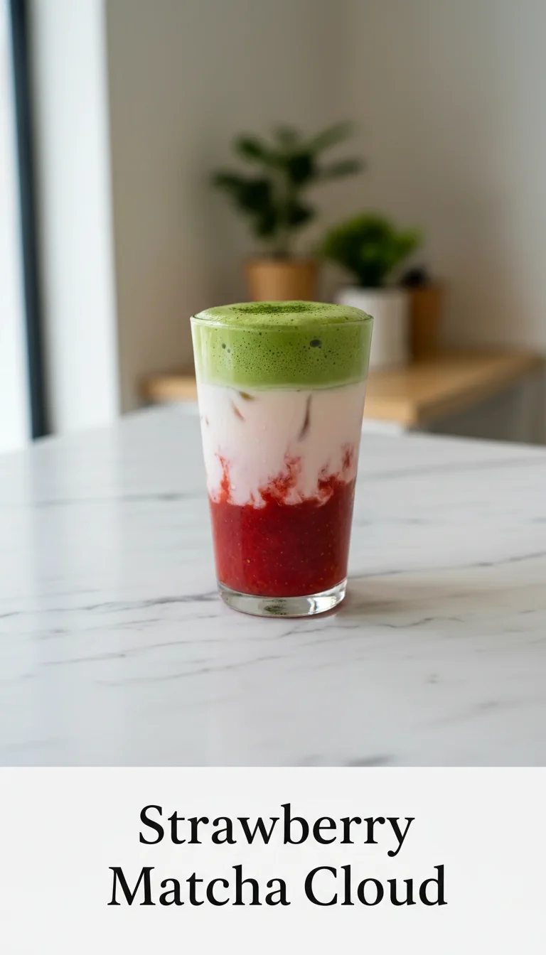 A vertical split layout containing two pictures with the main keyword Strawberry Matcha Cloud in the center. The top image shows velvety green matcha foam while the bottom displays fresh, ruby-red strawberry puree for this refreshing treat.
