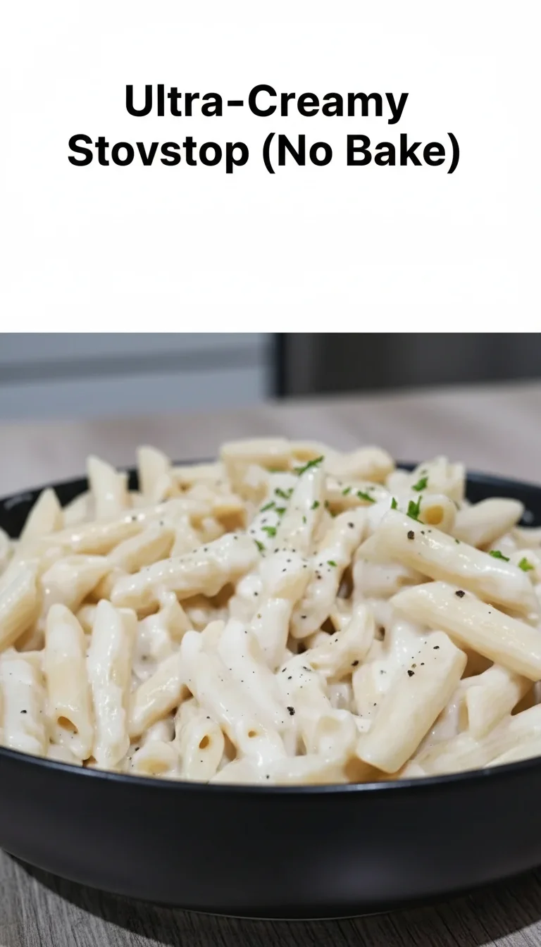 Vertical Pinterest pin with the text 'Ultra-Creamy Stovetop (No Bake)' at the top and a professional photograph of Ultra-Creamy Stovetop (No Bake) below it.