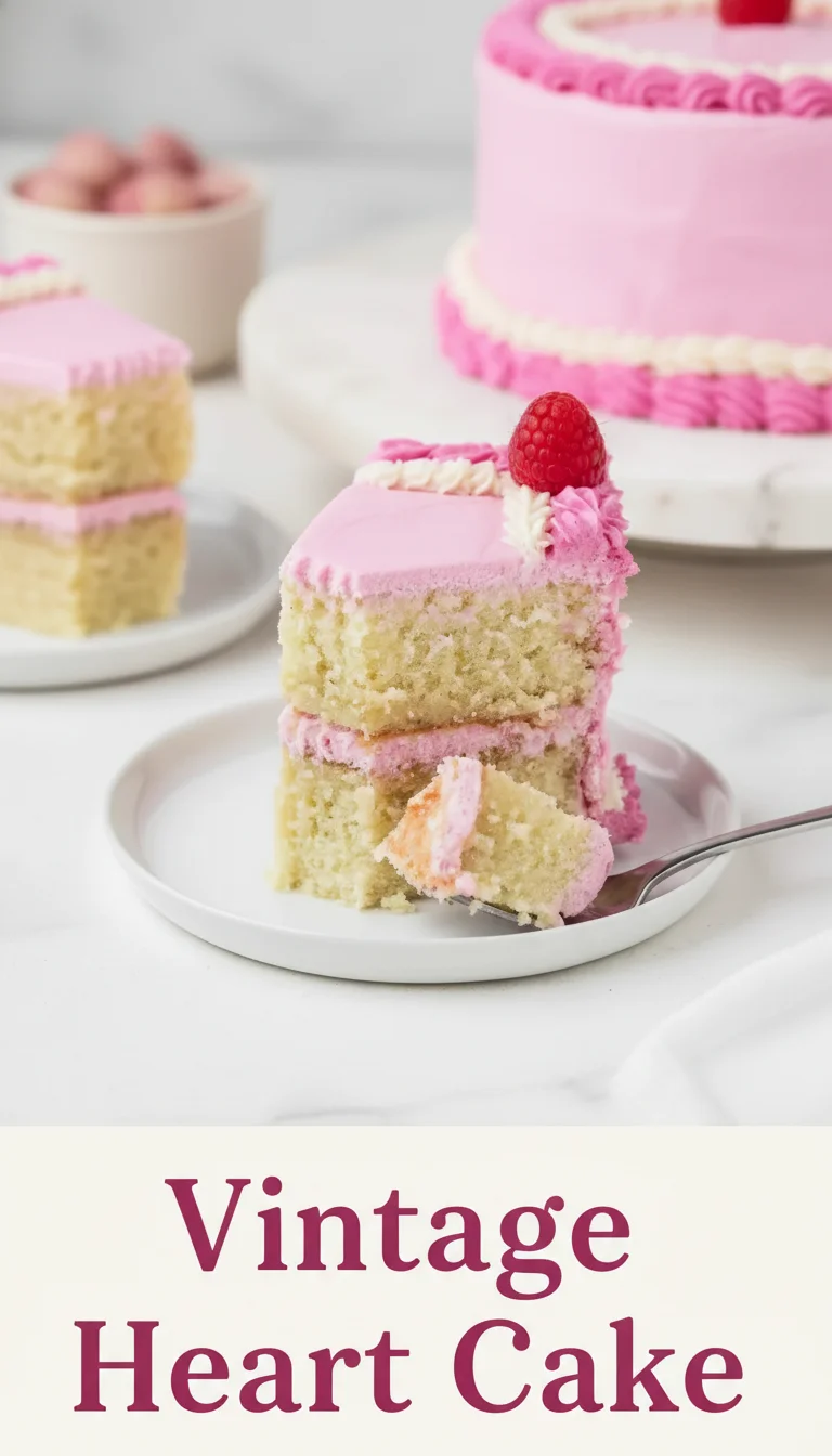 A vertical split layout containing two pictures with the main keyword 'Vintage Heart Cake' in the center. The images show a beautifully frosted, retro-style pink cake with intricate piping.