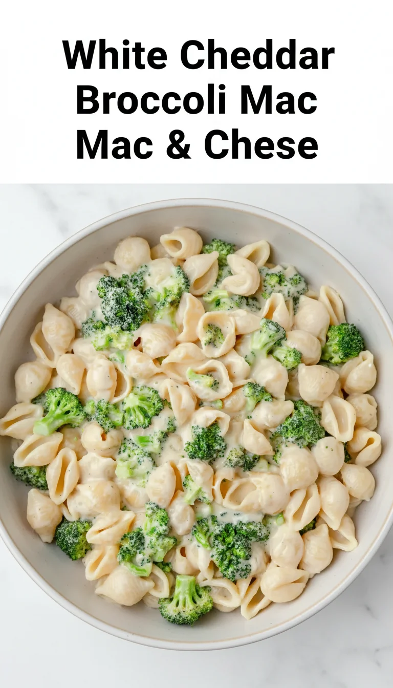 Vertical Pinterest pin with the text 'White Cheddar Broccoli Mac & Cheese' at the top and a professional photograph of White Cheddar Broccoli Mac & Cheese below it.